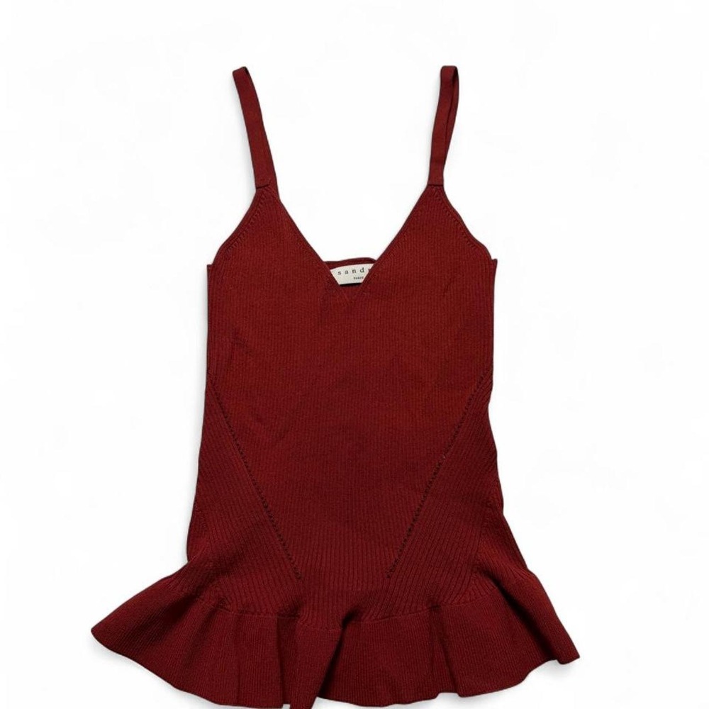 Sandro Paris Brick Red Ribbed Knit Peplum Cami Top